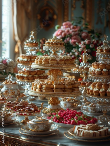 A table is covered with a variety of desserts and fruit, including strawberries
