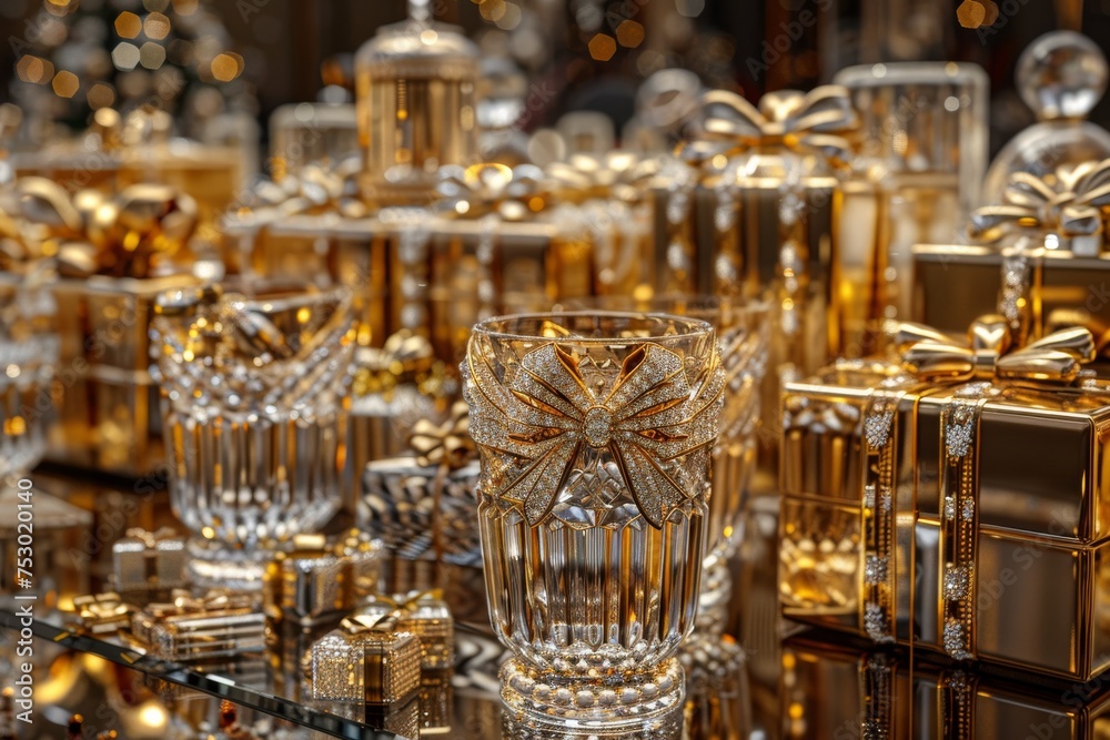 A table full of gold and silver gifts and a glass with a bow on it A table full of gold and silver gifts and a glass with a bow on it