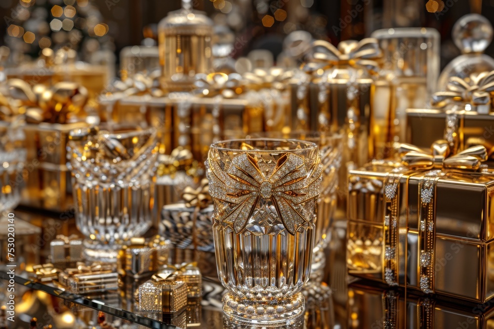 A table full of gold and silver gifts and a glass with a bow on it