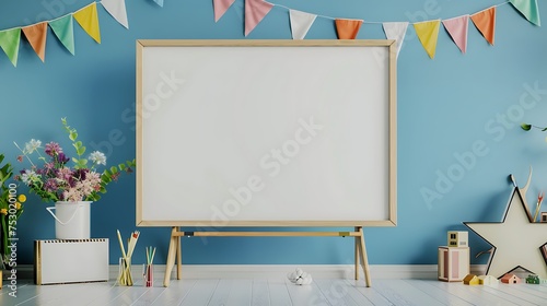 Empty Whiteboard And Colorful Pennants On Blue Wall