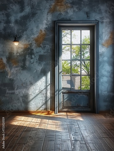 A window in a room with a light shining through it