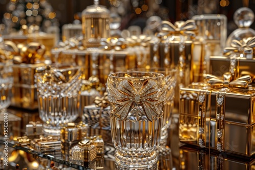 A table full of gold and silver gifts and a glass with a bow on it
