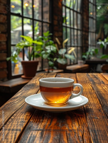 A cup of tea sits on a wooden table with a saucer underneath it
