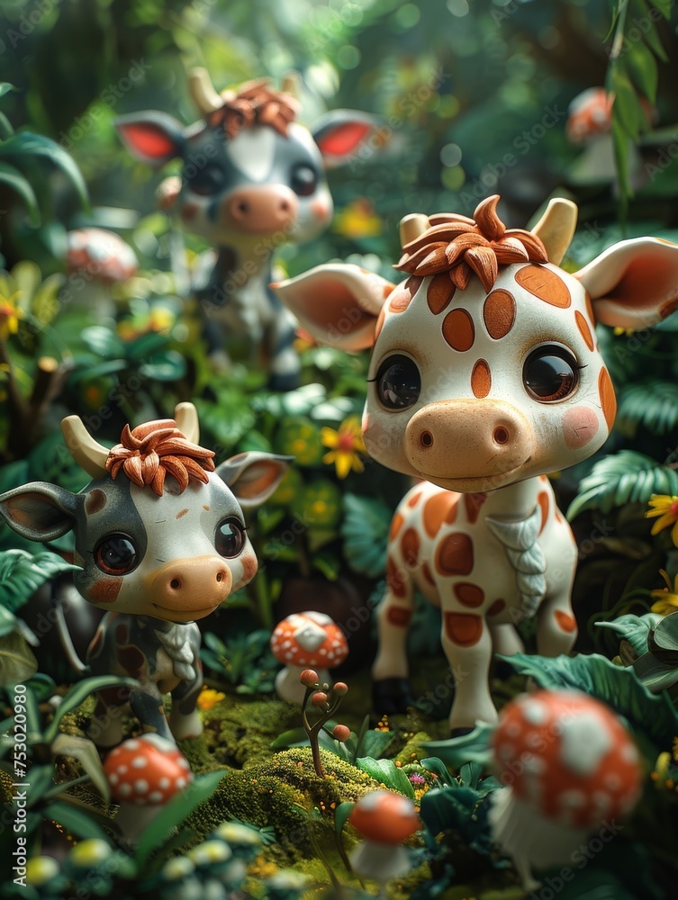 Naklejka premium Three small giraffes are standing in a field of mushrooms