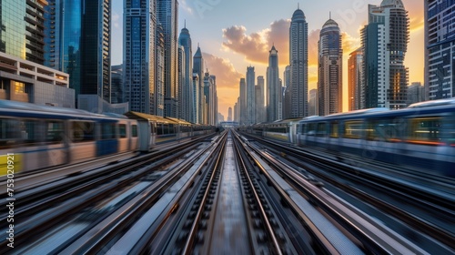 Bustling metro network traverses a landscape of modernity, with gleaming tracks weaving amidst city skyscrapers.