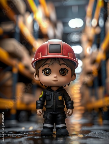A young girl in a fireman's outfit stands in front of a warehouse