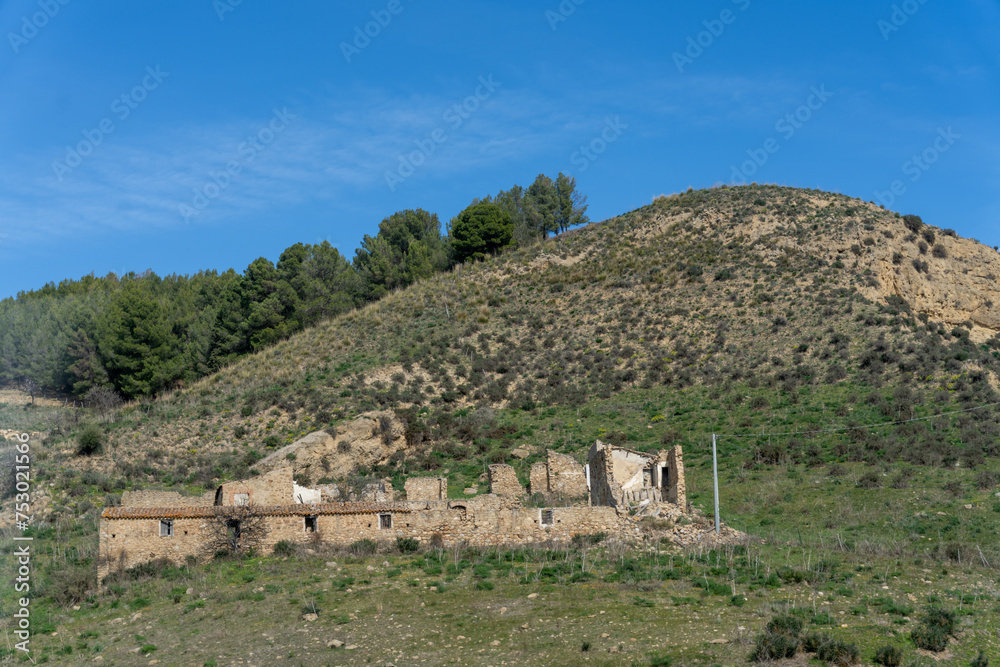 A hillside with a small house and a few trees