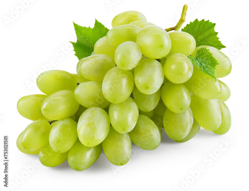 Grapes transparent PNG. Green grapes isolated on transparent or white background. Green grape with leaves.