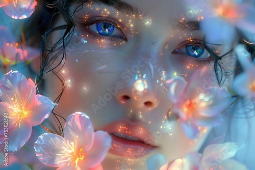 face portrait of beautiful girl with flowers with iridescent opalescent colours style © JetHuynh