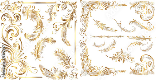 Gold calligraphic, frames retro feather symbols, vector