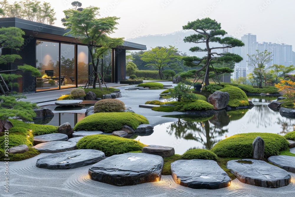 A Japanese garden with a pond and a house in the background