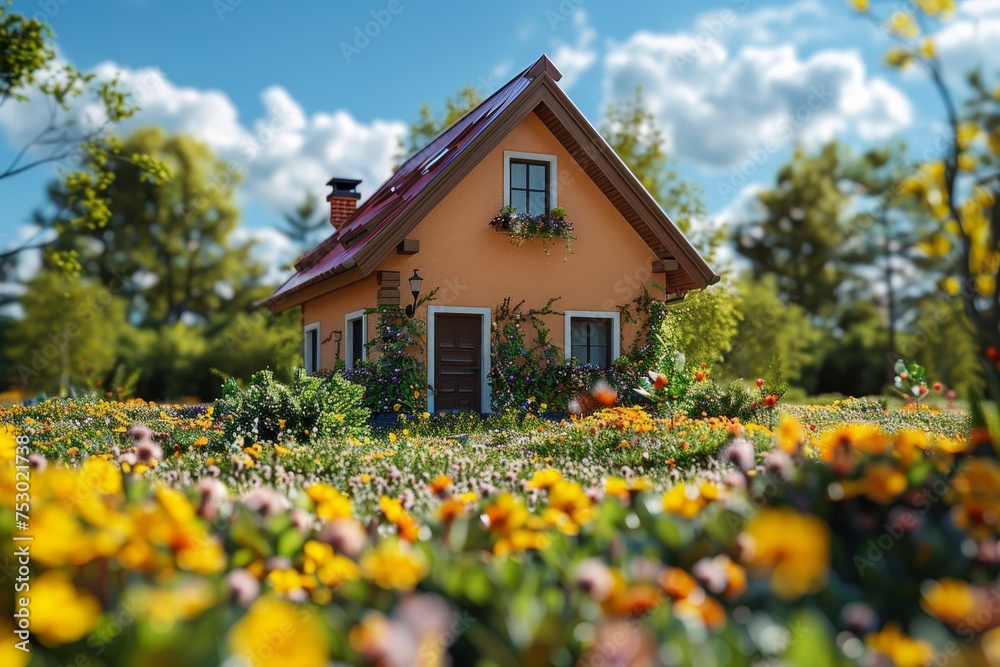 A small house with a red roof sits in a field of yellow flowers