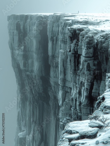 A snowy cliff with a person standing on top of it