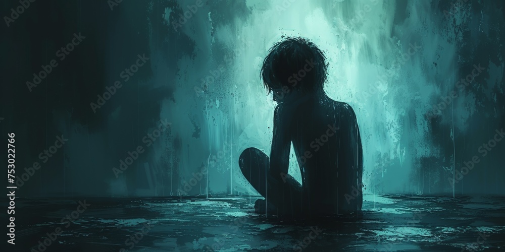 In a dark, grunge setting, a depressed and lonely naked child sits, expressing deep sadness. In a dark, grunge setting, a depressed and lonely naked child sits, expressing deep sadness.