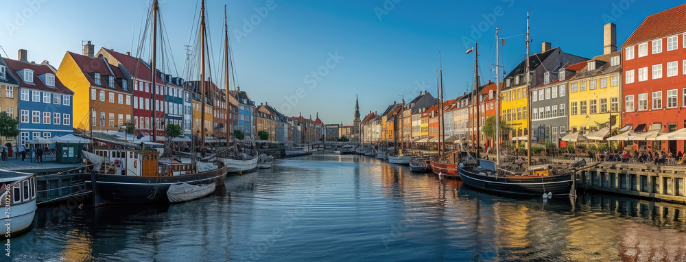 Vibrant Waterfront with Sailing Boats at Sunset