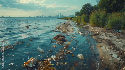 a polluted body of water, its once-clear surface now marred by a thick layer of oil slick, plastic waste, and other debris.