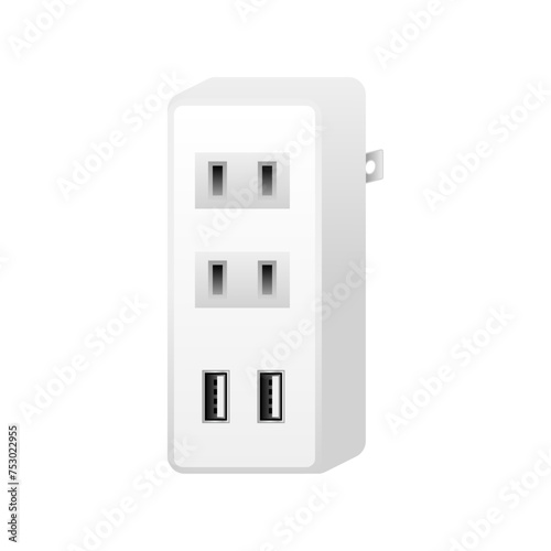 白い電源アダプタ _2口差込口&USBタイプA 2.0 2ポート