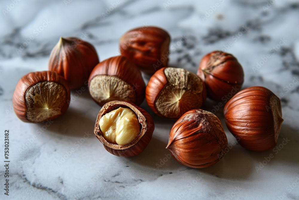 Obraz premium Horizontal banner with hazelnuts on a marble tabletop. Healthy snack. Generated by artificial intelligence