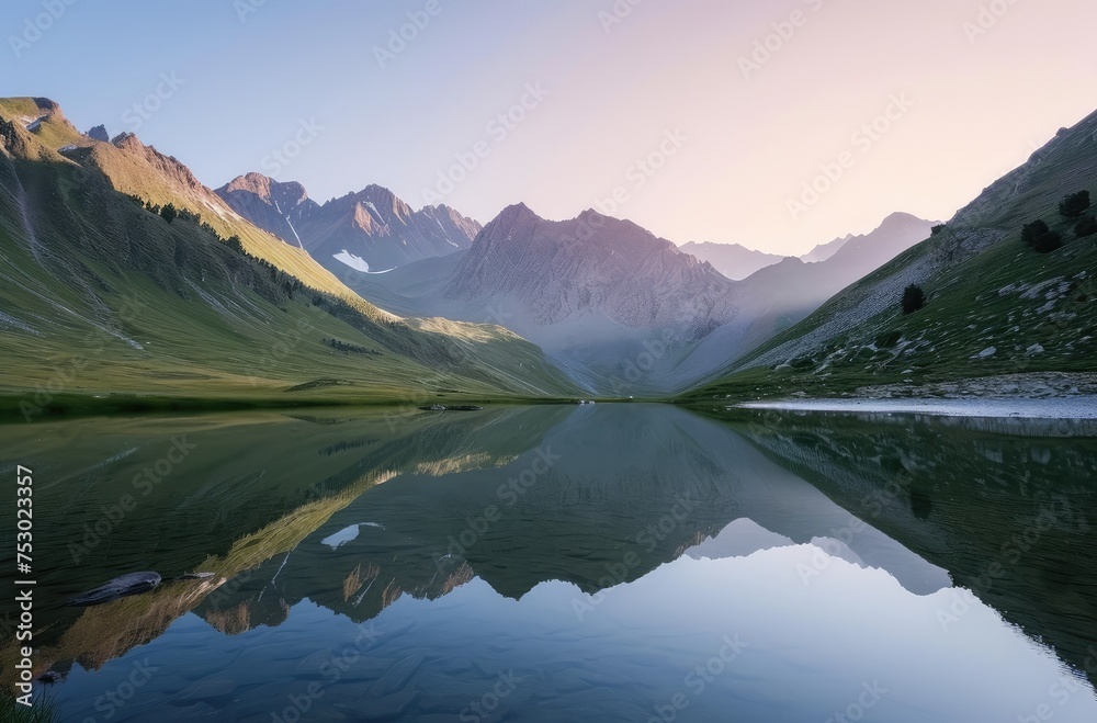 Fototapeta premium Tranquil Sunrise over a Reflective Mountain Lake
