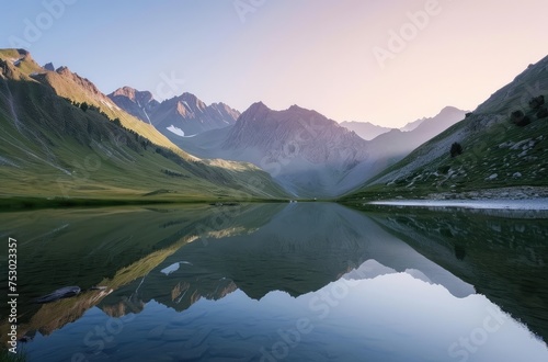 Tranquil Sunrise over a Reflective Mountain Lake