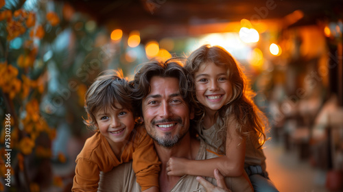 A Father With Tousled Hair and a Gentle Smile Holds a Young Boy and Girl Close to Him, Against a Soft-Focus Background of Warm Lights and Orange Flowers