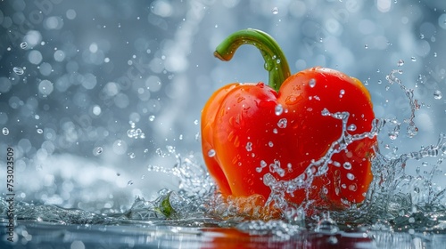 The poster features a bright red bell pepper with water droplets splashing off the surface. This illustration subtly highlights the bright colors and textures of the pepper. Compared to a solid color 