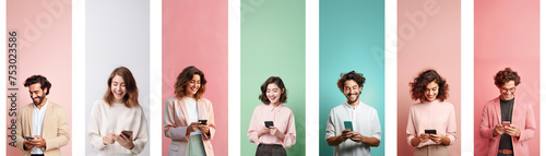 Collage Of People Portraits. Men And Women Using Smartphones While Standing Over Pastel Background, Laughing and Happy Young People Enjoying Mobile Communication Or Online Gaming, social media