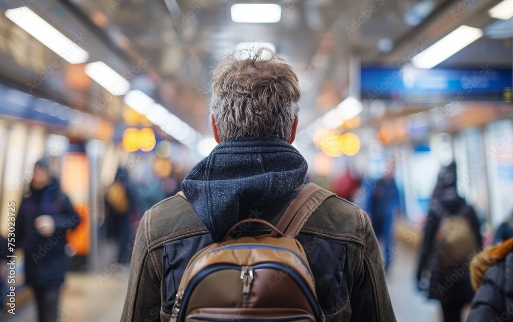 Man waits for train in crowded station, blurred commuters rushing by in city's daily hustle.