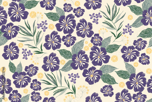 Seamless Floral Pattern branches leaves embroidery purple hibiscus flower motifs on white background watercolour brush ikat texture vintage style hand drawn. Vector illustration design