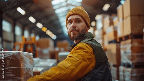 Forklift operator moving inventory, transporting cardboard boxes in warehouse.