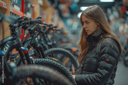 Woman shopping for e-bikes at a city bike shop, embracing a modern and eco-friendly way to commute.