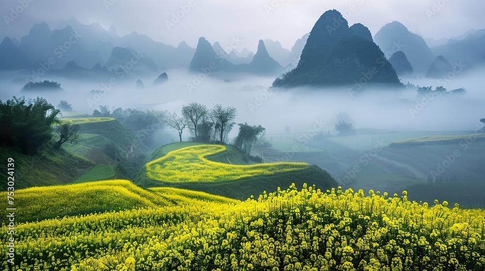 a Landscape photo of  mountains and fog in the distance, sunrise, Rapeseed Flowers, overall view