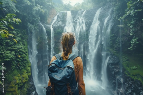 .Female explorers trek through lush rainforest to discover a secret waterfall, immersing themselves in the beauty of the mountains.