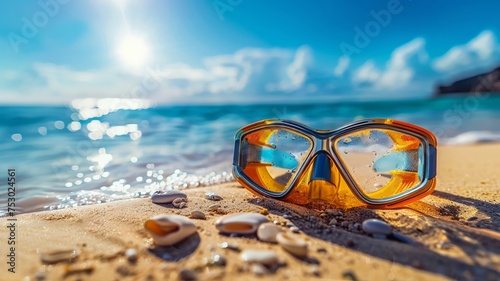 Sleek aquatic goggles and snorkel set positioned for beach vacation in sunlit setting