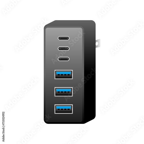 黒いUSB充電器_USBType-C 3ポート&USBタイプA 3.0 3ポート