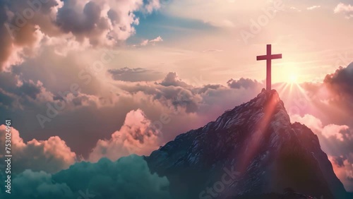 a cross on a mountain in a beautiful shining sky scene rays of light shining into the holy cross of Jesus, death and resurrection of Jesus Christ 4k video photo