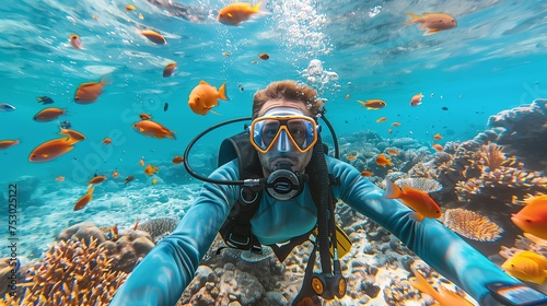 Scuba diver swimming underwater, pristine white sand under tropical sea clear blue, Colorful coral reef, snorkeling amongst many clownfish photo