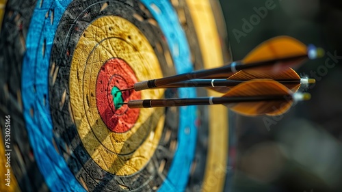 Brightly colored archery target with leather glove and wood arrows