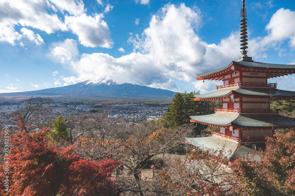 Mt. Fuji with Chureito Pagoda in Fujiyoshida at Japan