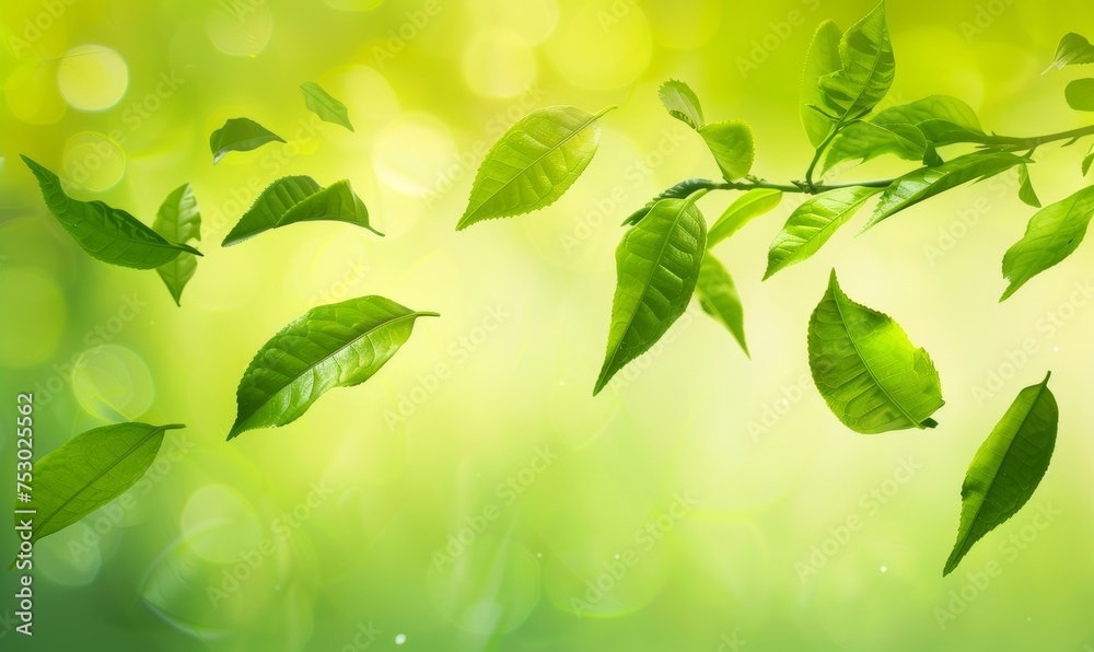 Fresh green tea leaves flying, green tea garden background with place for text. Fresh tea, air purifier, organic, vegan, eco-friendly, or beauty product concept design Fresh green tea leaves flying, green tea garden background with place for text. Fresh tea, air purifier, organic, vegan, eco-friendly, or beauty product concept design