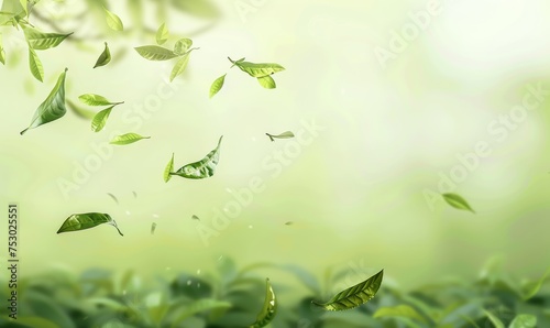 Fresh green tea leaves flying, green tea garden background with place for text. Fresh tea, air purifier, organic, vegan, eco-friendly, or beauty product concept design
