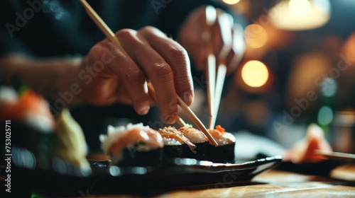Hands of a man with chopsticks holding sushi in a restaurant. Japanese Cuisine Concept with Copy Space. Oriental Cuisine. photo