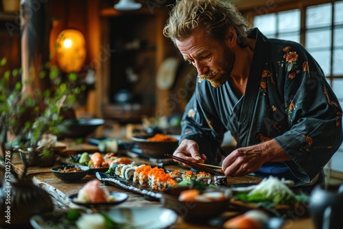 Close-up of a man holding a sushi roll in a restaurant. Japanese Cuisine Concept with Copy Space. Oriental Cuisine.