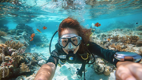 Scuba diver woman swimming in the under water sea © jirayut