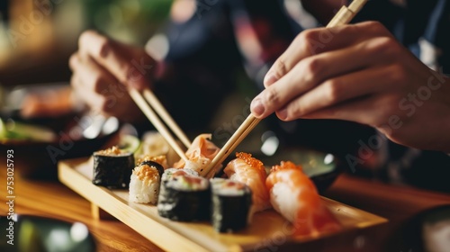 Closeup of male hands holding chopsticks and eating sushi in restaurant. Japanese Cuisine Concept with Copy Space. Oriental Cuisine. photo