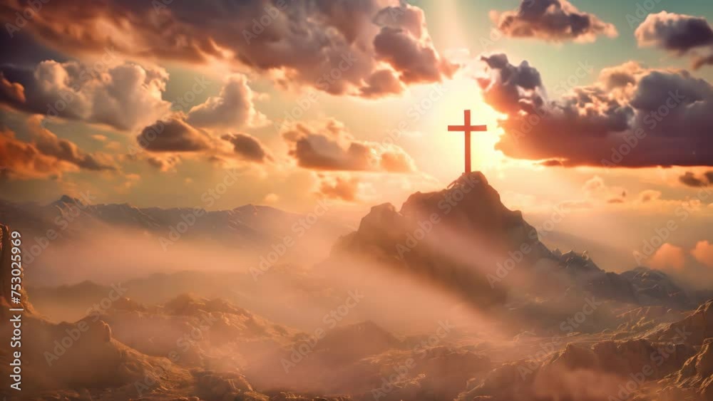 a cross on a mountain in a beautiful shining sky scene rays of light shining into the holy cross of Jesus, death and resurrection of Jesus Christ 4k video