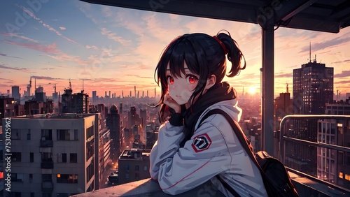 Anime girl standing on the roof of a multi-story building, PC wallpaper, anime background, illustration