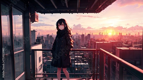 Anime girl standing on the roof of a multi-story building, anime background, PC wallpaper