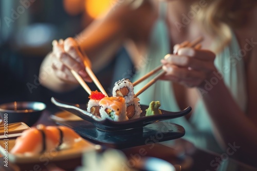 Closeup of female hands holding chopsticks and eating sushi in restaurant. Japanese Cuisine Concept with Copy Space. Oriental Cuisine. photo