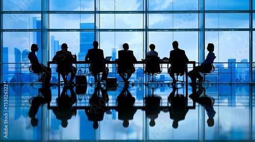 A group of business people are sitting around a table in a conference room. They are looking at the city view outside the window.